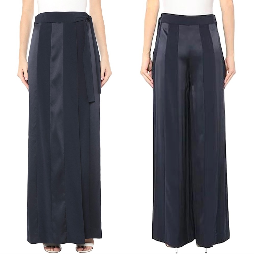 DIANE VON FURSTENBERG Tie Waist Wrap Front Wide Leg Satin Palazzo Pants Navy NWT